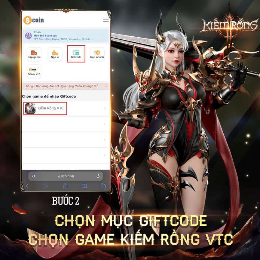 Cách nhập giftcode Kiếm Rồng VTC Mobile - bước 2