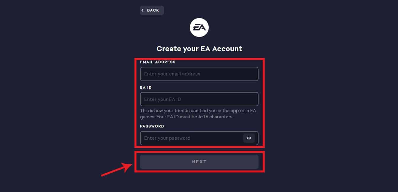 Điền các thông tin được yêu cầu và nhấn Next để tạo tài khoản EA của bạn