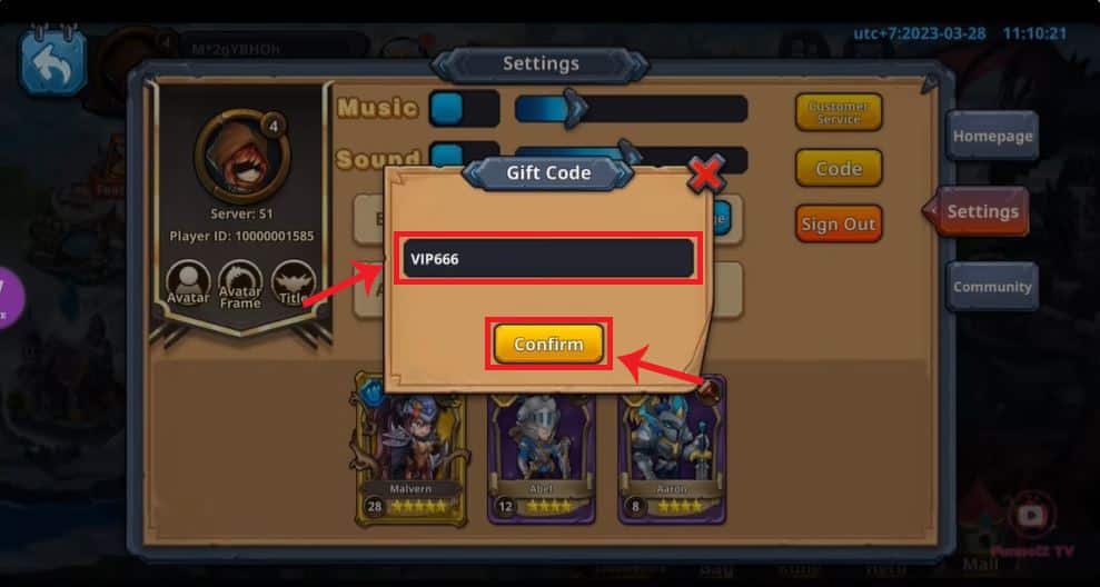 Nhập mã giftcode Magic Hero và nhấn vào nút Confirm để xác nhận