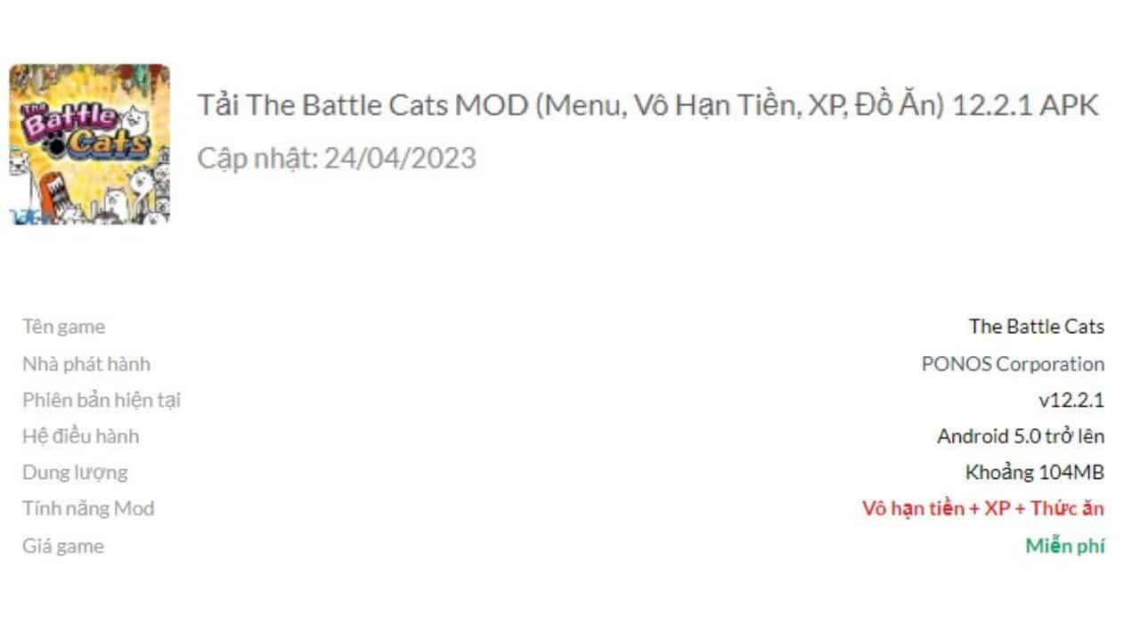 The Battle Cats MOD (Menu, Vô Hạn Tiền, XP, Đồ Ăn)
