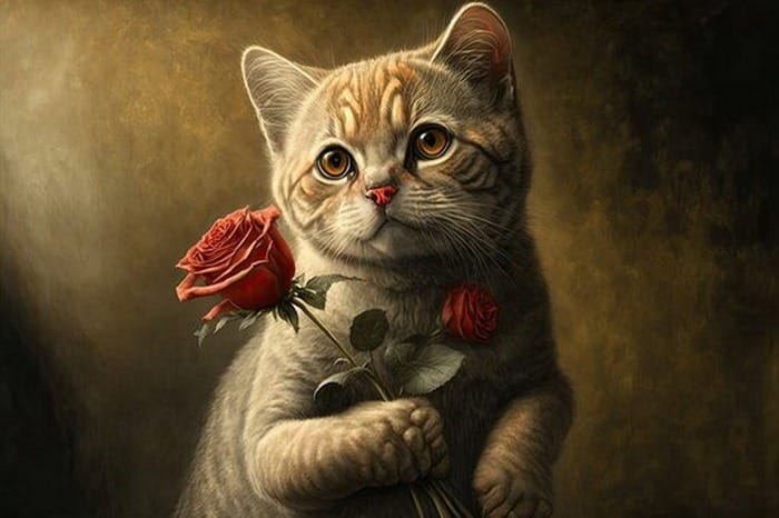 Ảnh mèo tặng hoa hồng bá đạo