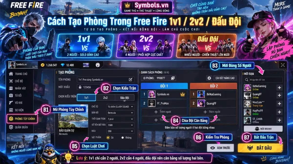Cách Tạo Phòng Trong Free Fire 1v1, 2v2 & Đấu Đội