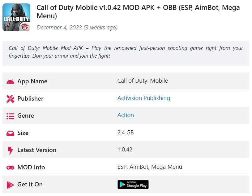 Hãy viết 1 đoạn văn khoảng 80 từ giới thiệu về Call of Duty Mobile v1.0.42 MOD APK + OBB