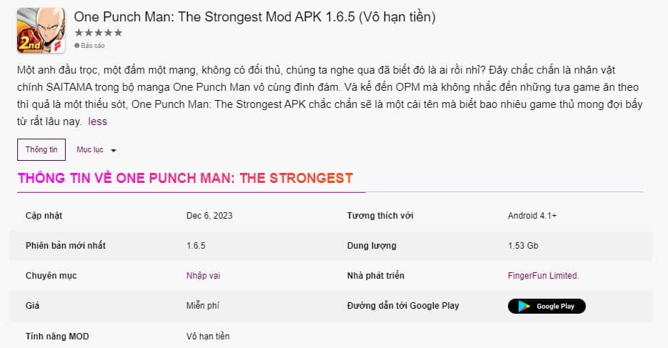 One Punch Man: The Strongest Mod APK 1.6.5 (Vô hạn tiền)