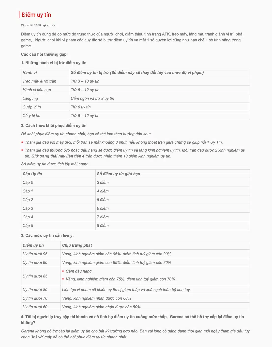 Quy định Điểm uy tín Liên Quân từ Garena