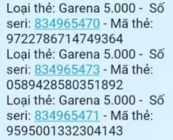 Ảnh Thẻ Garena có số seri