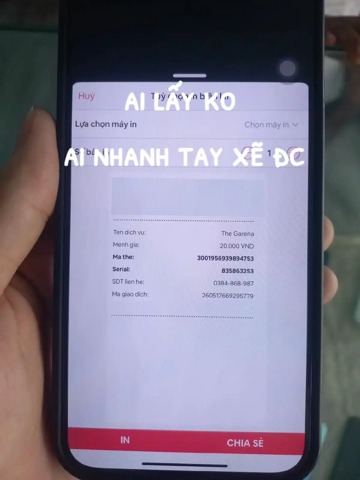 Mã Thẻ Garena 20k Có Số Seri