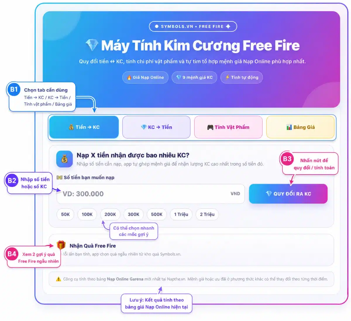 Cách dùng app tính giá nạp KC FF tại Symbols.vn
