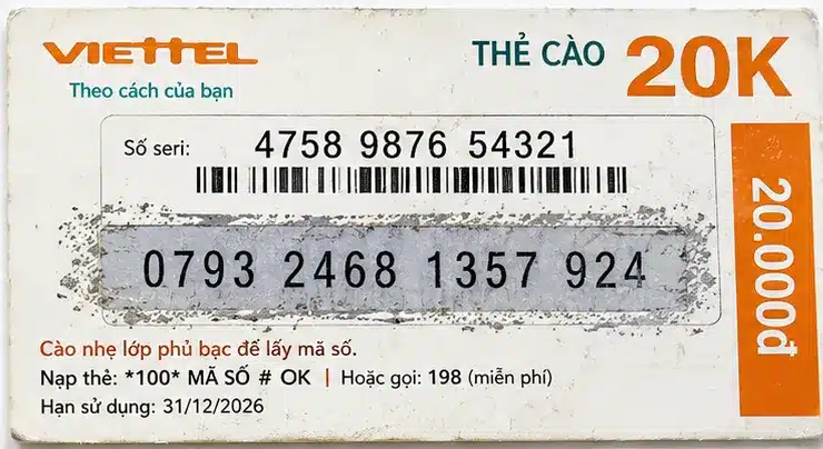 Thẻ cào Viettel 20k đã cào có số Seri