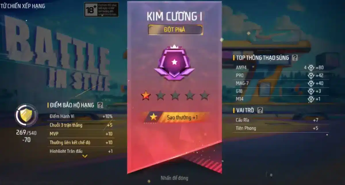 Kết quả leo rank Kim Cương 1 Free Fire